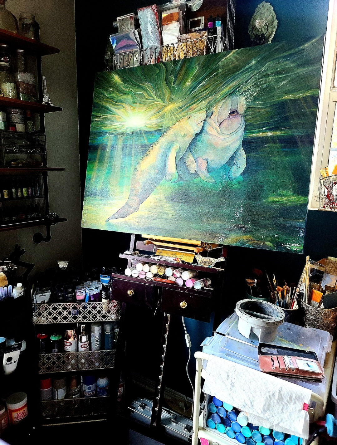 Wakulla River Collection - Majestic Manatees Original 30x40 Acrylic on Raised Cotton Canvas, Archivable Satin Finish