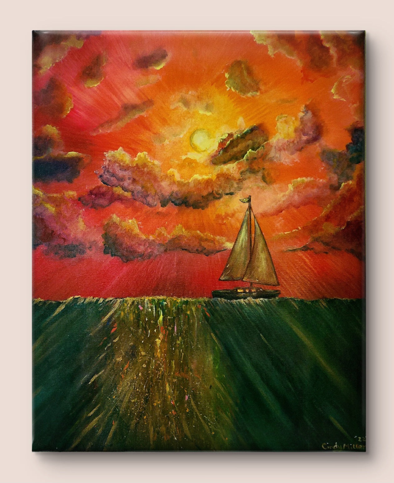Dreams To Reality Collection -Sunset Sail Original 16x20 Acrylic on Raised Cotton Canvas, Archivable Gloss Finish